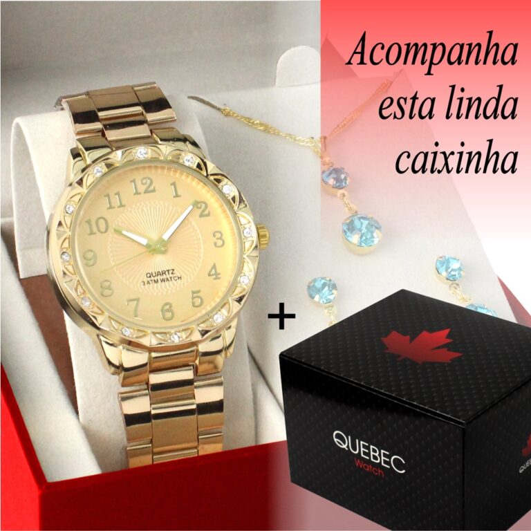 Relogios Feminino Banhado + Colar e Bincos
