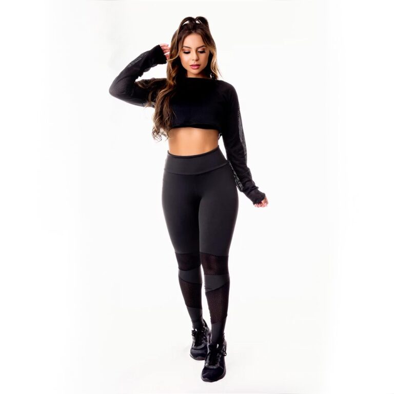 Calça Legging Cintura Alta Preta com Detalhe em Tela